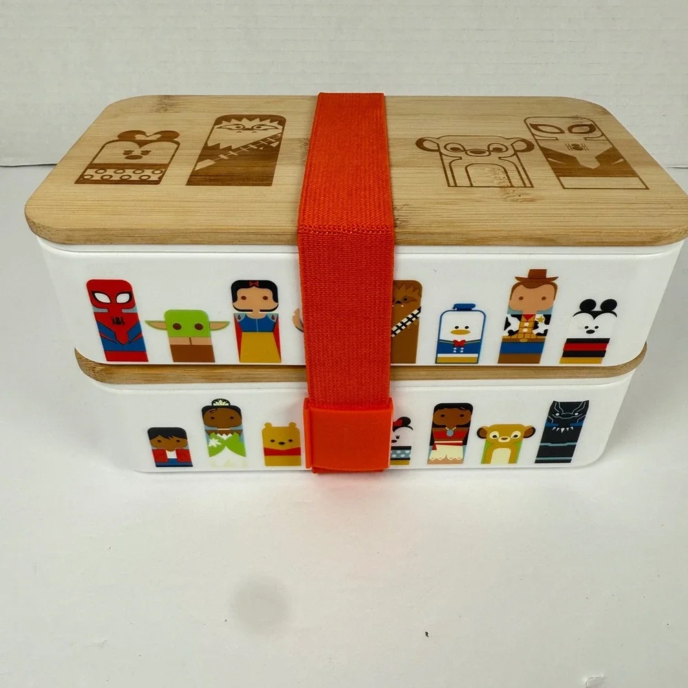 Disney 2 tier Bento Box Bamboo Lid Multi Character lunch storage container 100th